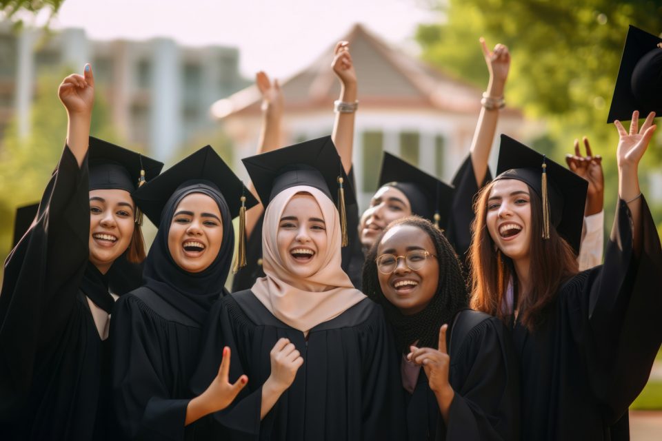 Happy diverse satisfied university graduates.