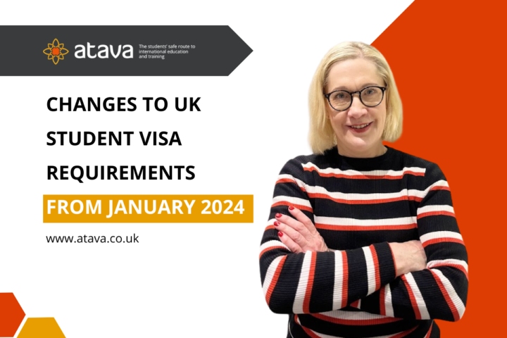 Angela, Education Consultant, stood next to copy that reads "Changes to UK student visa requirements from Jan 2024".