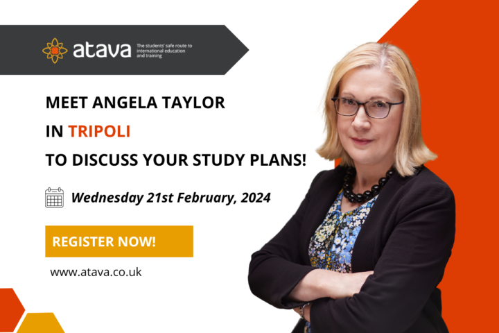 Angela, Education Consultant, stood next to copy that reads "Meet Angela Taylow in Tripoli to discuss your study plans"