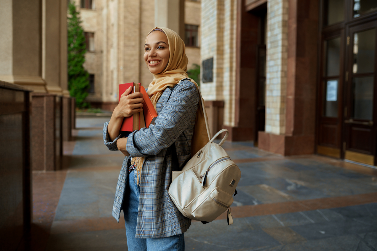International student on a UK university campus, representing students from the Middle East planning to study in the UK.
