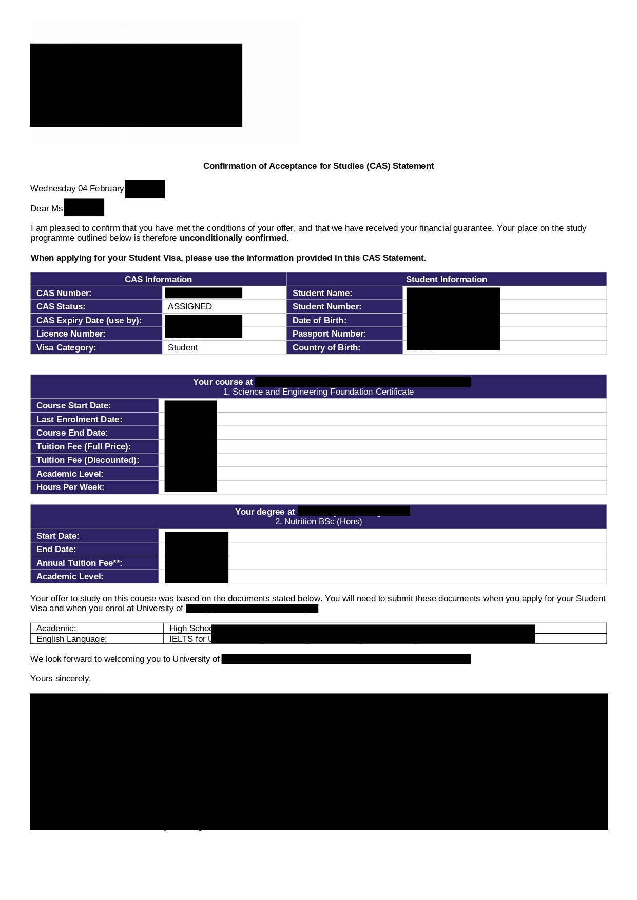 UK University CAS Example
