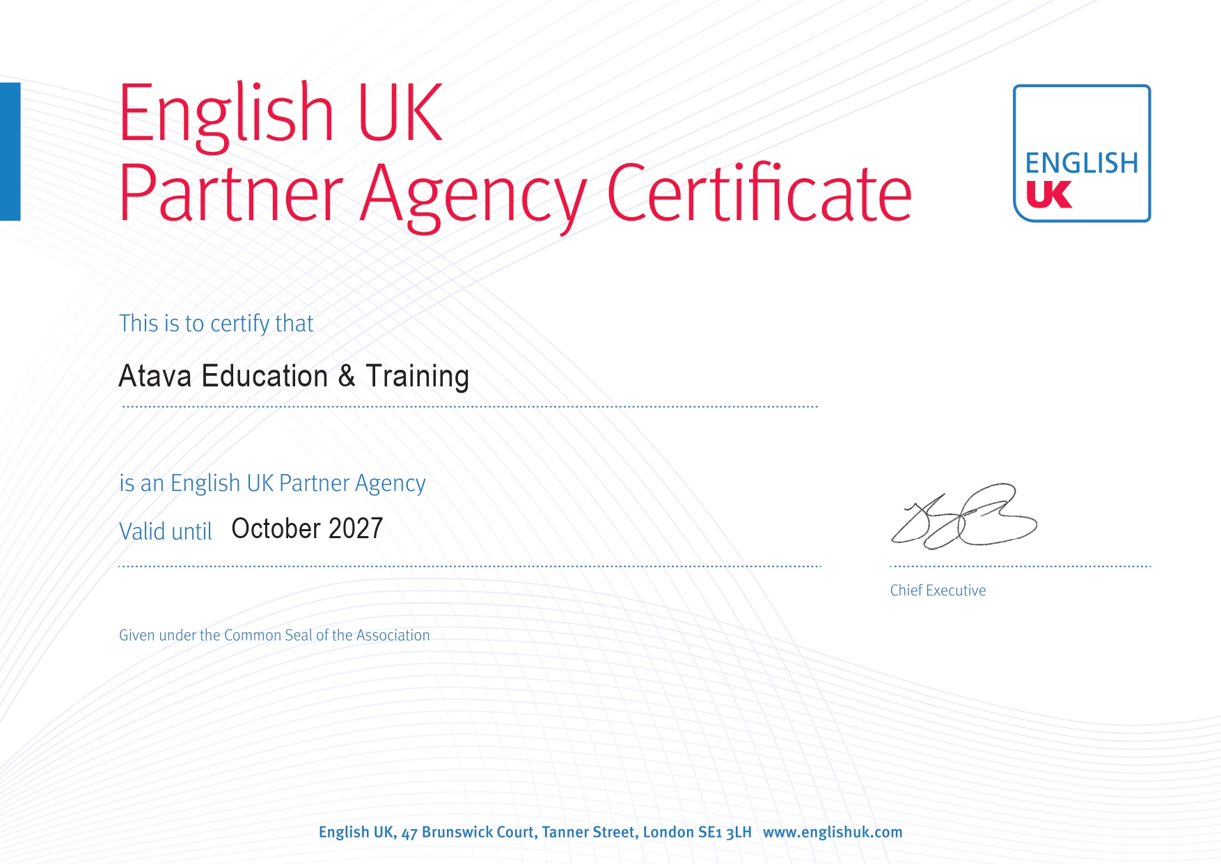Atava English UK Partner Agency Certificate